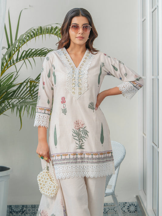 Floral Printed V-Neck Sequinned Straight Kurta With Trouser & Dupatta