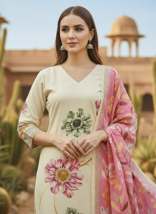 Printed V-Neck Kurta & Trousers Kurta Set