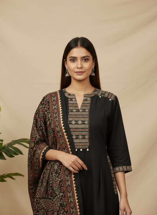 Black Kalamkari Printed Kurta Set with Intricate Ethnic Yoke & Heritage Dupatta