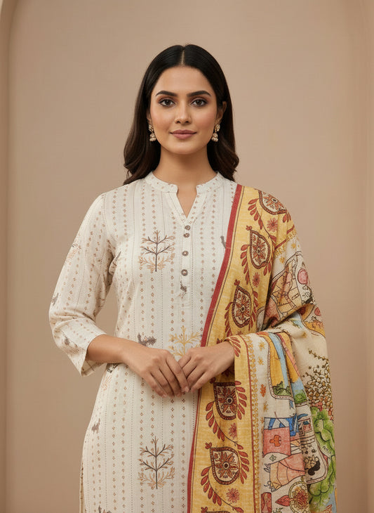 Printed Mandarin Collar Kurta & Trousers With Dupatta