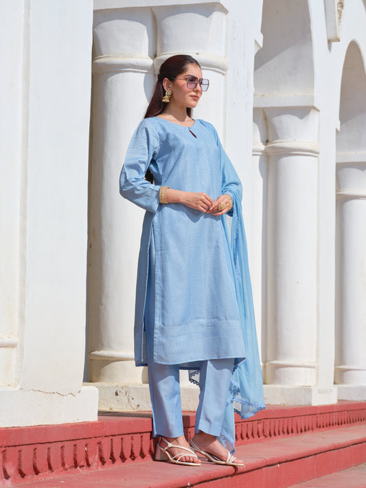 Powder Blue Chinon Crochet Embroidered Kurta with Trousers & Nazeen Dupatta