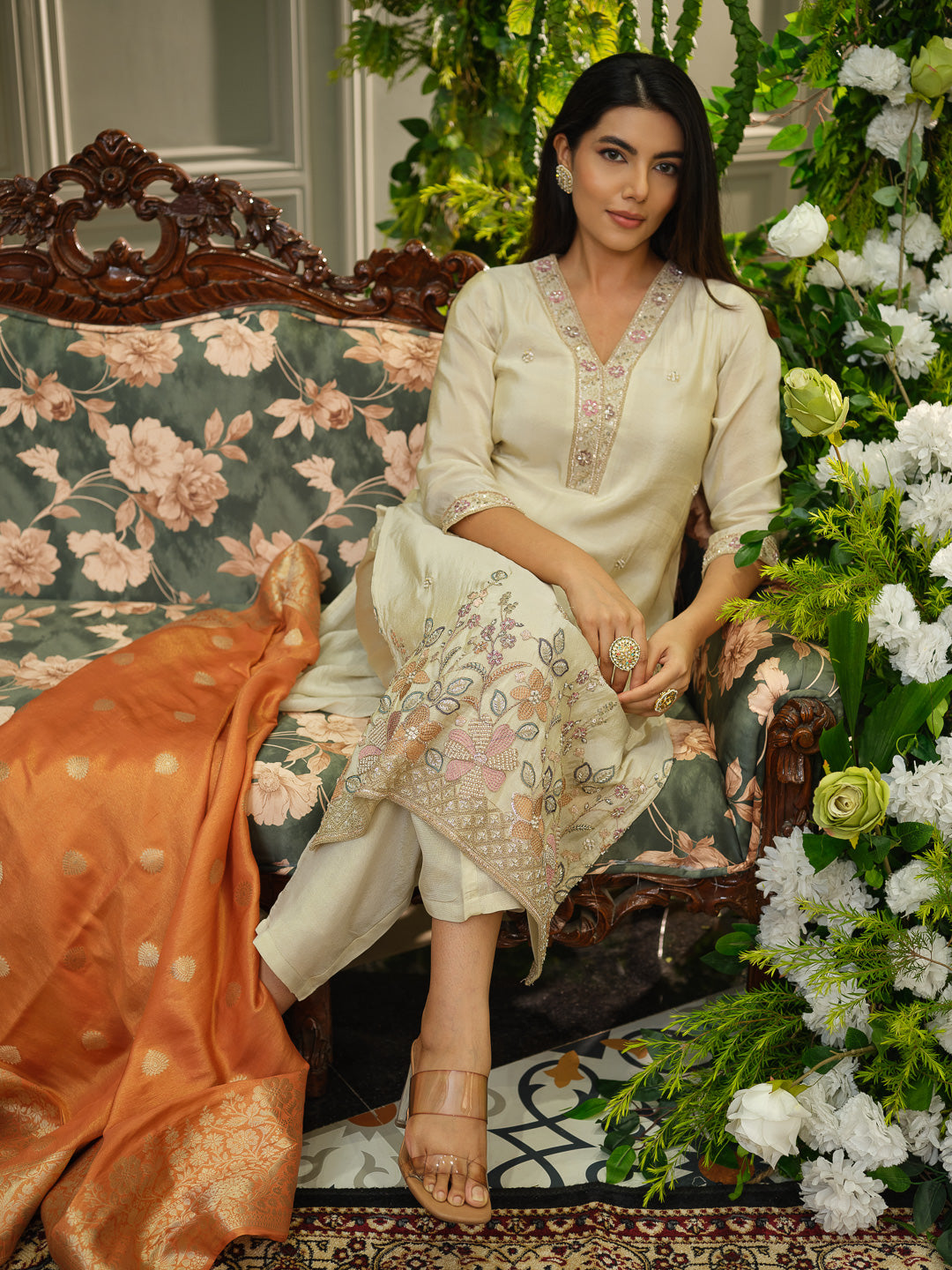 Off White Embroidered Kurta Set with Rust Orange Banarasi Dupatta