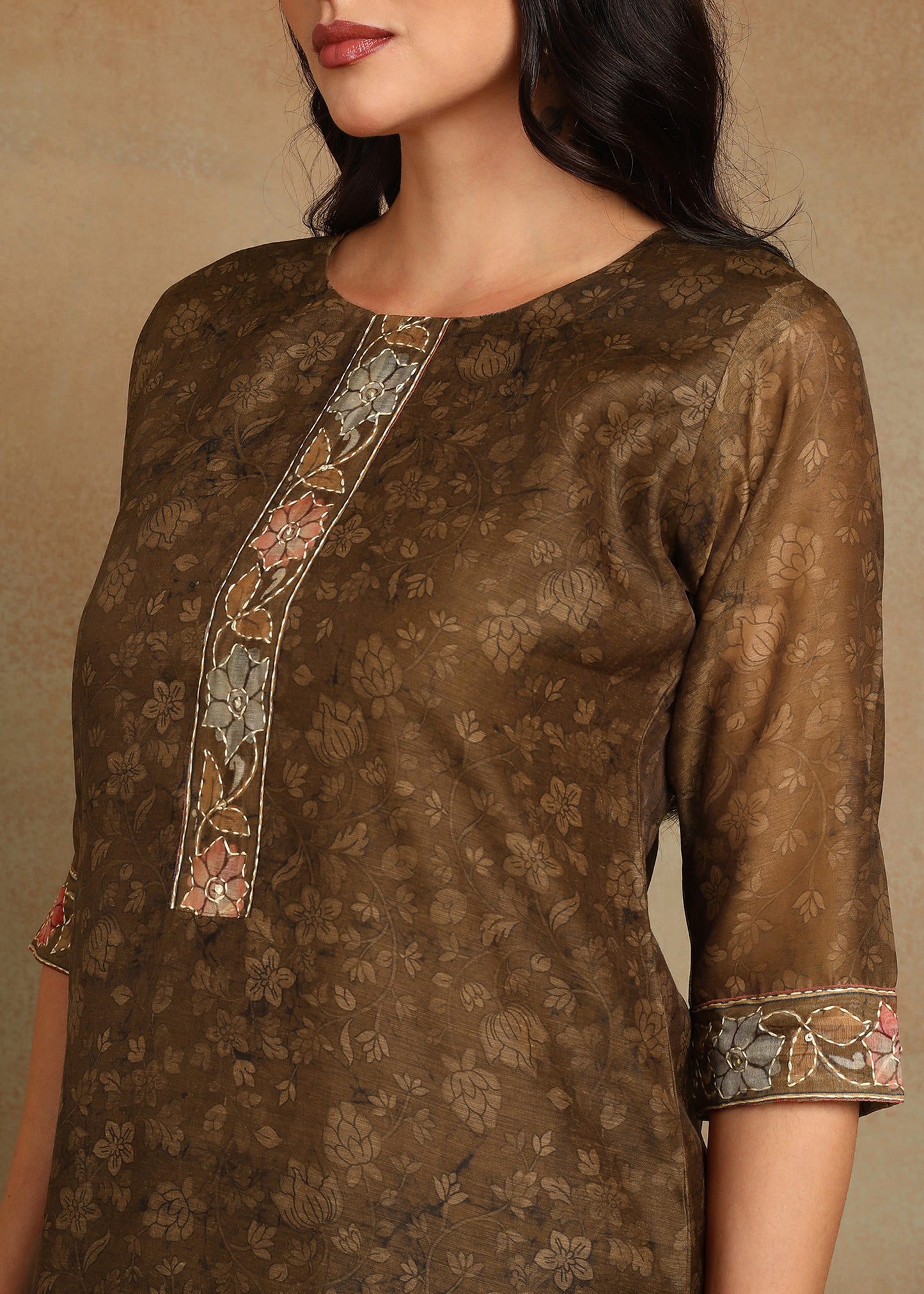Women's Mustard Ethnic Motif Printed Kurta with Kantha & Sequin Work, Paired with Trousers and Dupatta