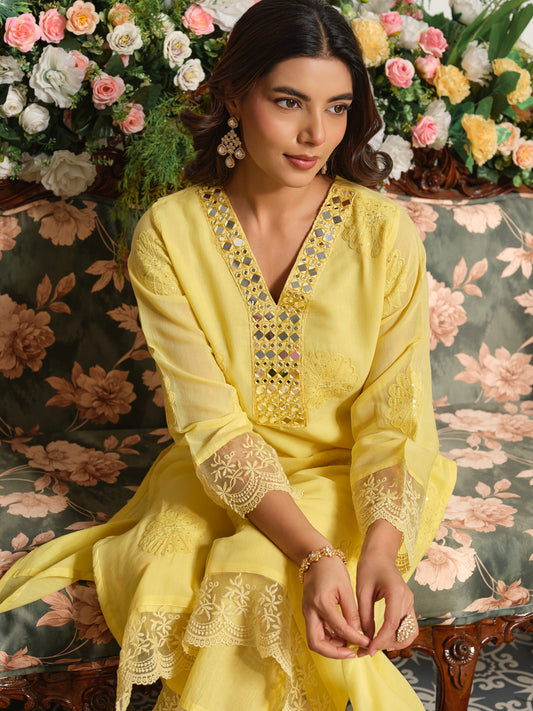 Yellow Embroidered A-Line Mal Chanderi Kurta Set with Dupatta.