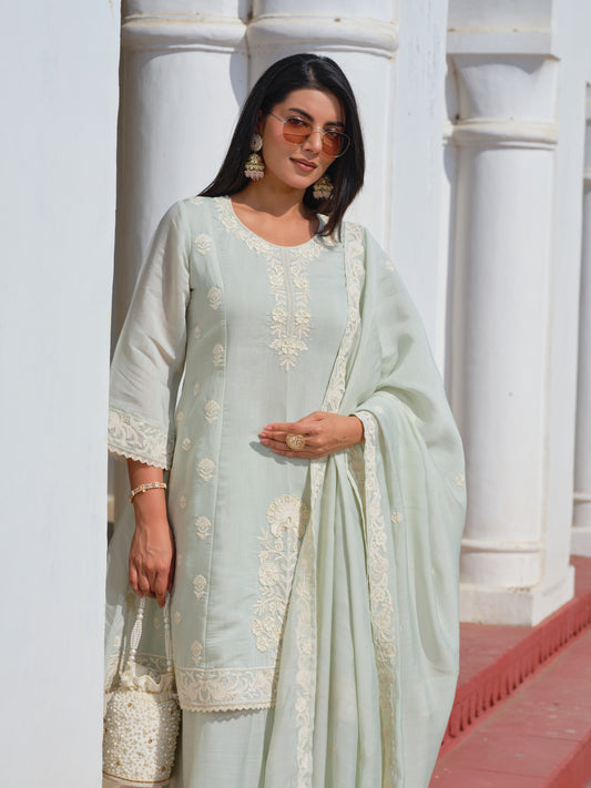 Women Pistachio Green Embroidered Mul Chanderi Kurta Sharara Set with Dupatta