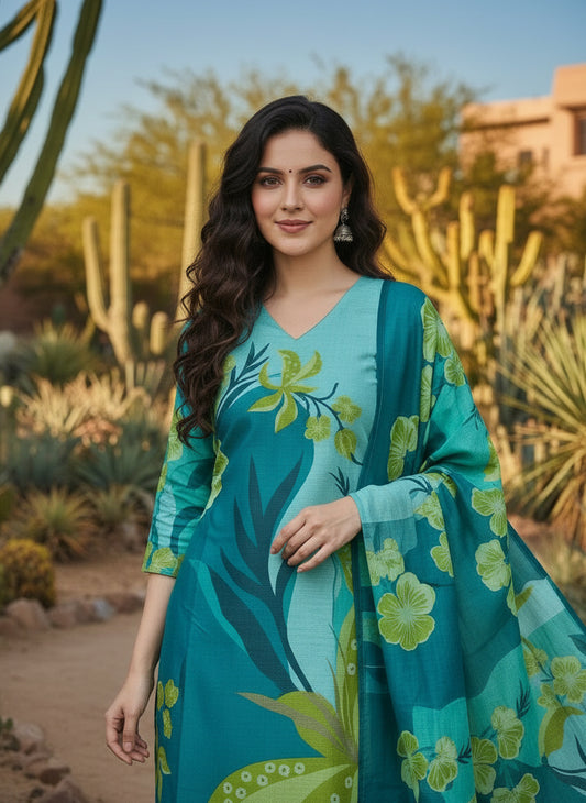 Printed V-Neck Kurta & Trousers Kurta Set