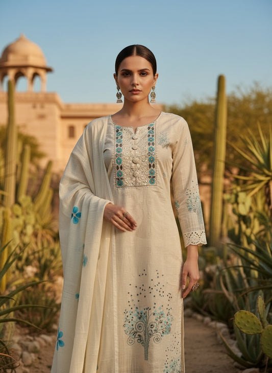 Embroidered Round Neck Kurta & Trousers with Duppatta