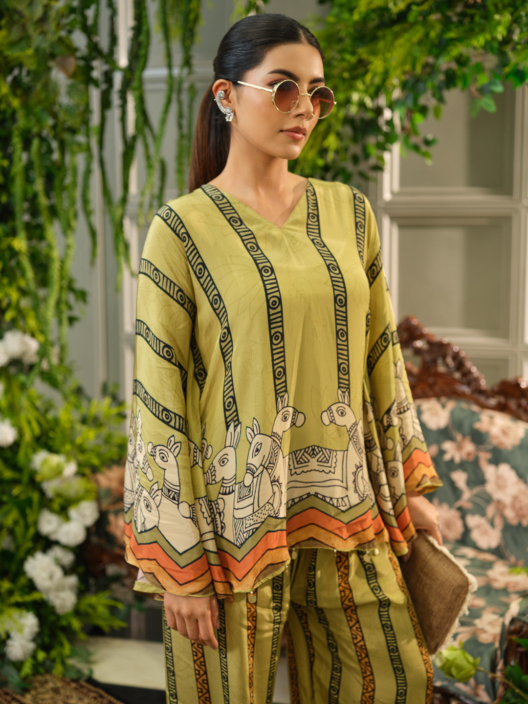 Olive Green Ethnic Printed Natural Crepe Silk Co-Ord Set with Poncho Top