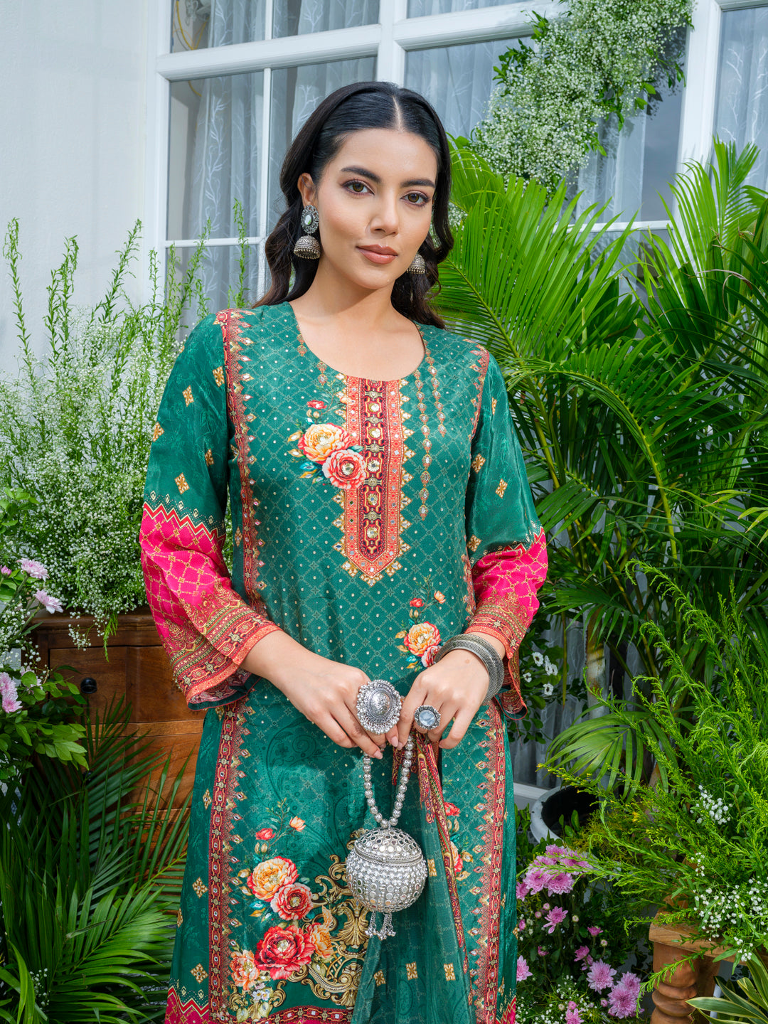 Elegant Green And Pink Floral Embroidered Kurta With Dupatta