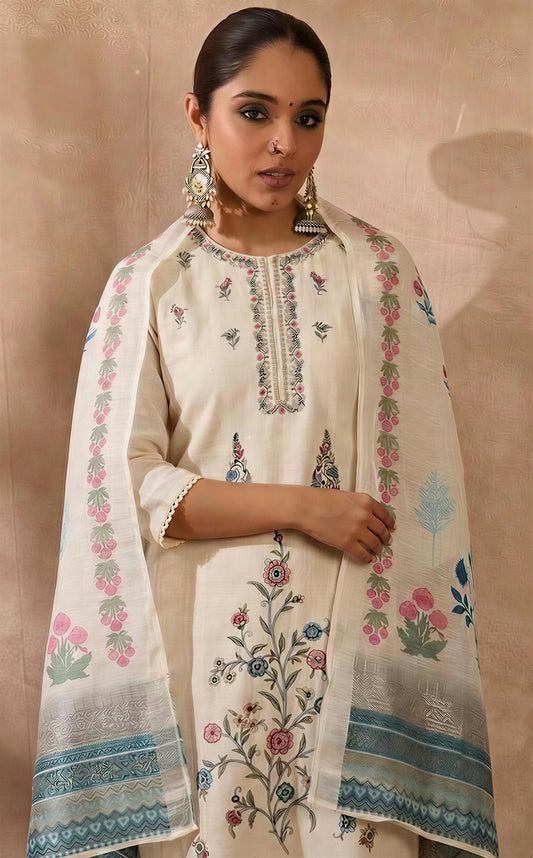 Off-White Embroidered Kurta Set with Trousers and Printed Dupatta for Women