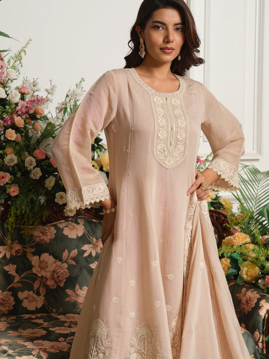 Beige Embroidered Anarkali Kurta Set with Matching Trousers and Embroidered Dupatta in Chanderi Silk Fabric