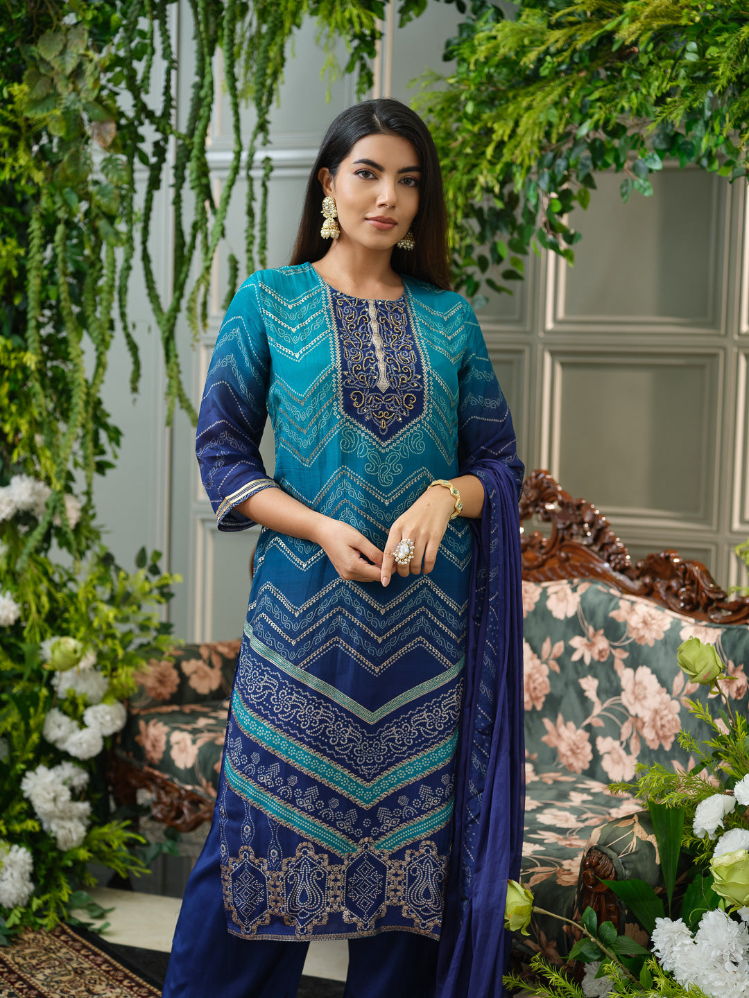 Teal & Navy Blue Crepe Silk Kurta Set with Chiffon Dupatta & Handwork