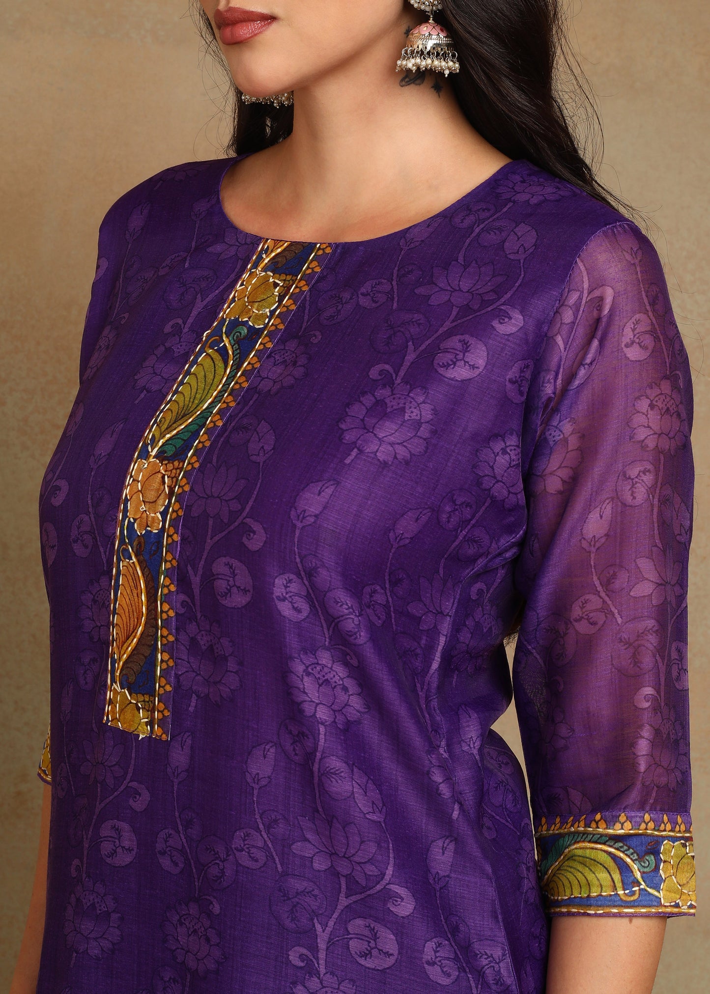 Women's Purple Ethnic Motif Printed Kurta with Kantha & Sequin Work, Paired with Trousers and Dupatta