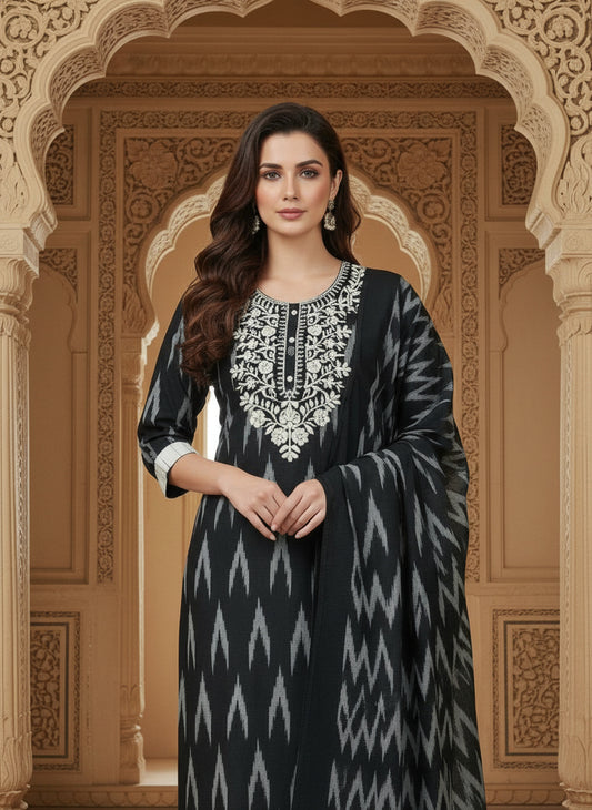 Embroidered Round Neck Straight Kurta & Trousers With Dupatta