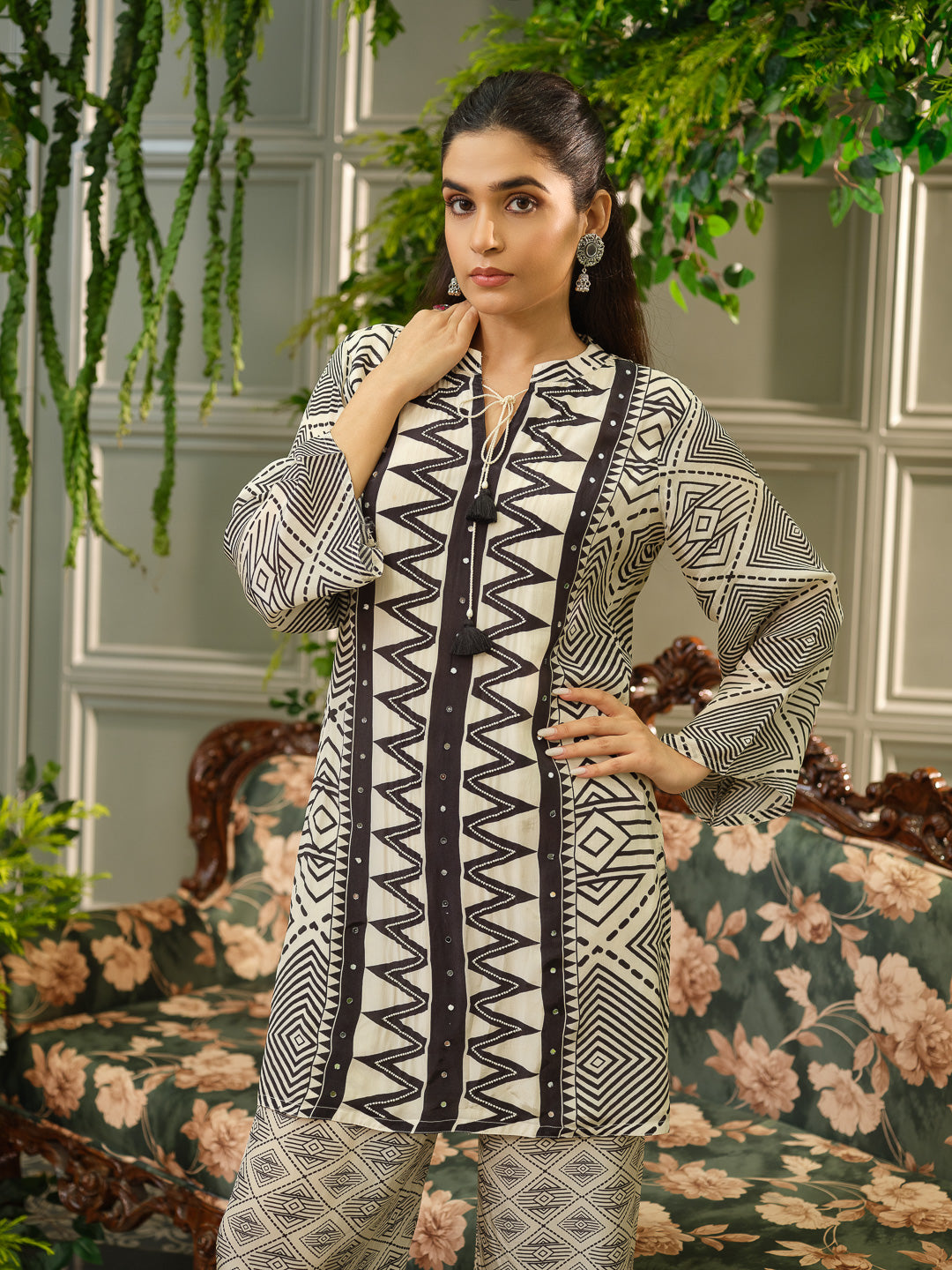 Elegant Black & Off White Geometric Printed Cotton Kurta Set