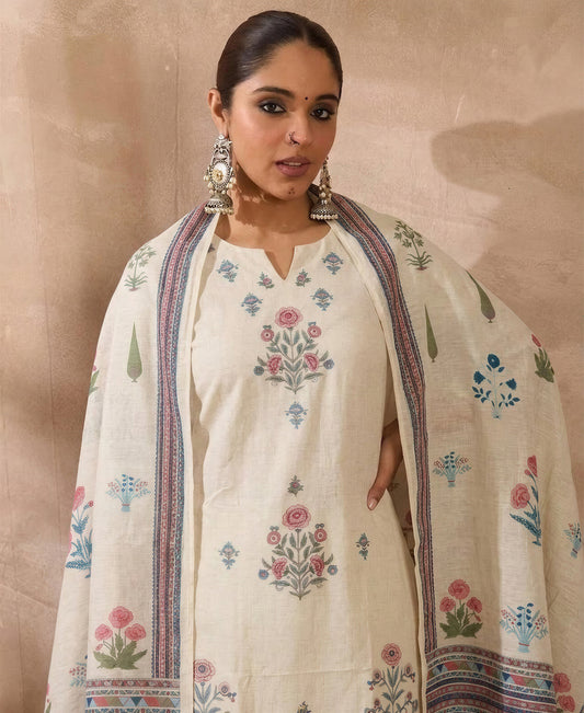 Womenās White and Blue A-Line Embroidered Kurta Set with Matching Trousers & Printed Dupatta