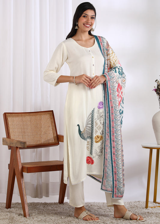 Off-White Rayon Embroidered Kurta Set with Mirror Work & Printed Muslin Dupatta