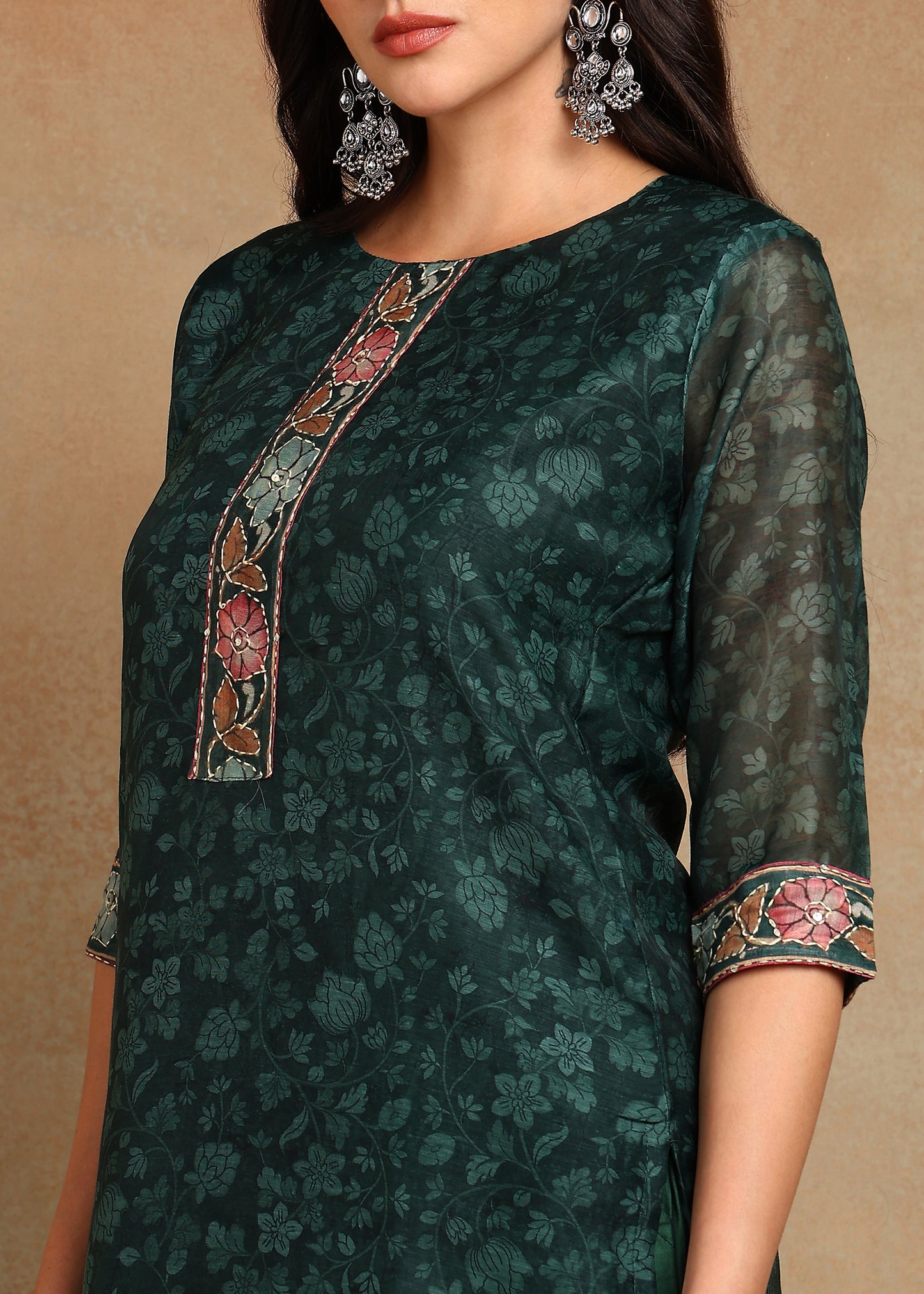 Women's Green Ethnic Motif Printed Kurta with Kantha & Sequin Work, Paired with Trousers and Dupatta