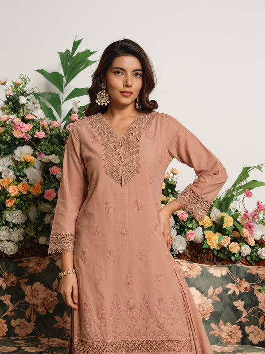 Brown Embroidered Cotton Blend V-Neck Kurta Set with Dupatta