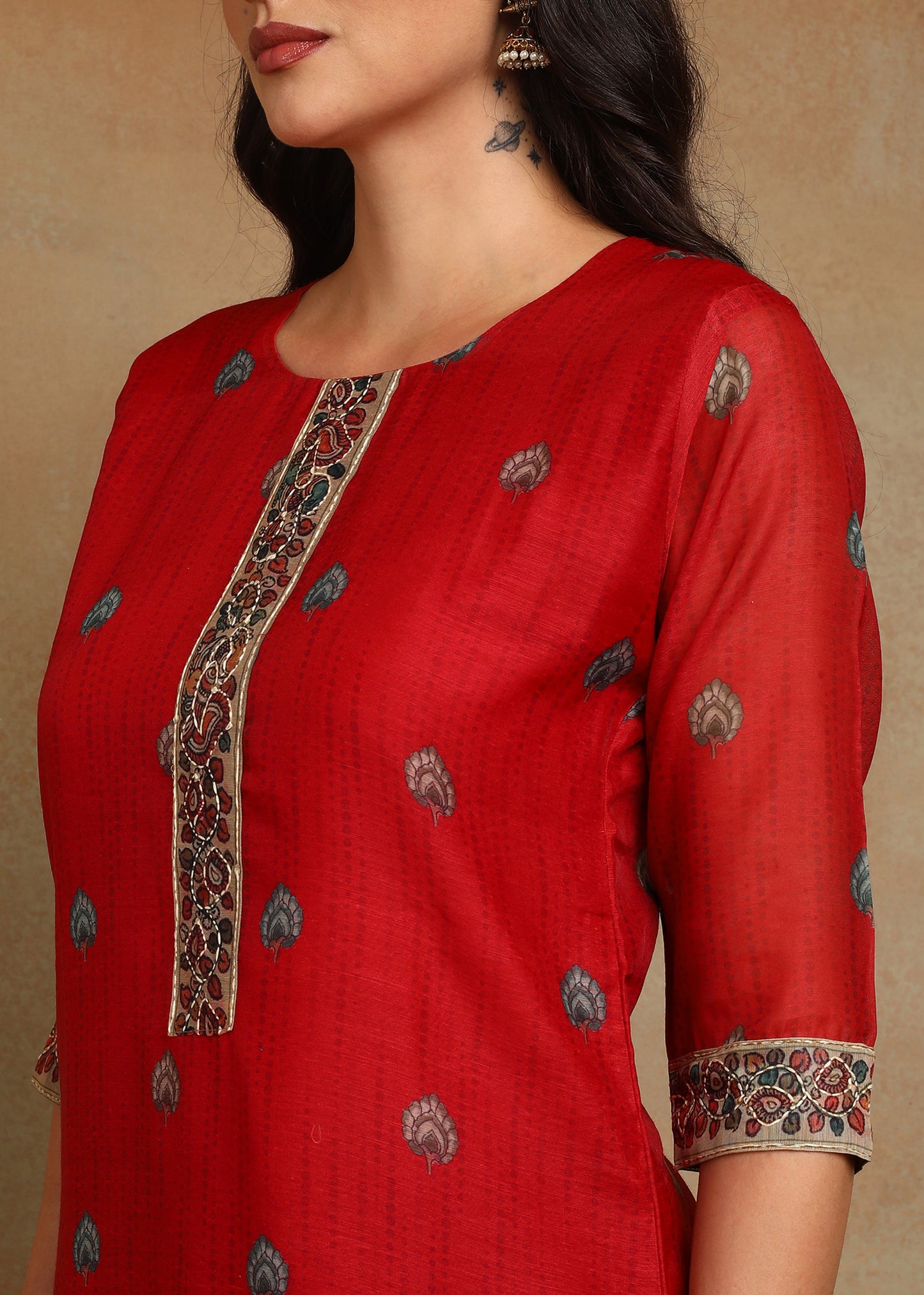 Women's Red Ethnic Motif Printed Kurta with Kantha & Sequin Work, Paired with Trousers and Dupatta
