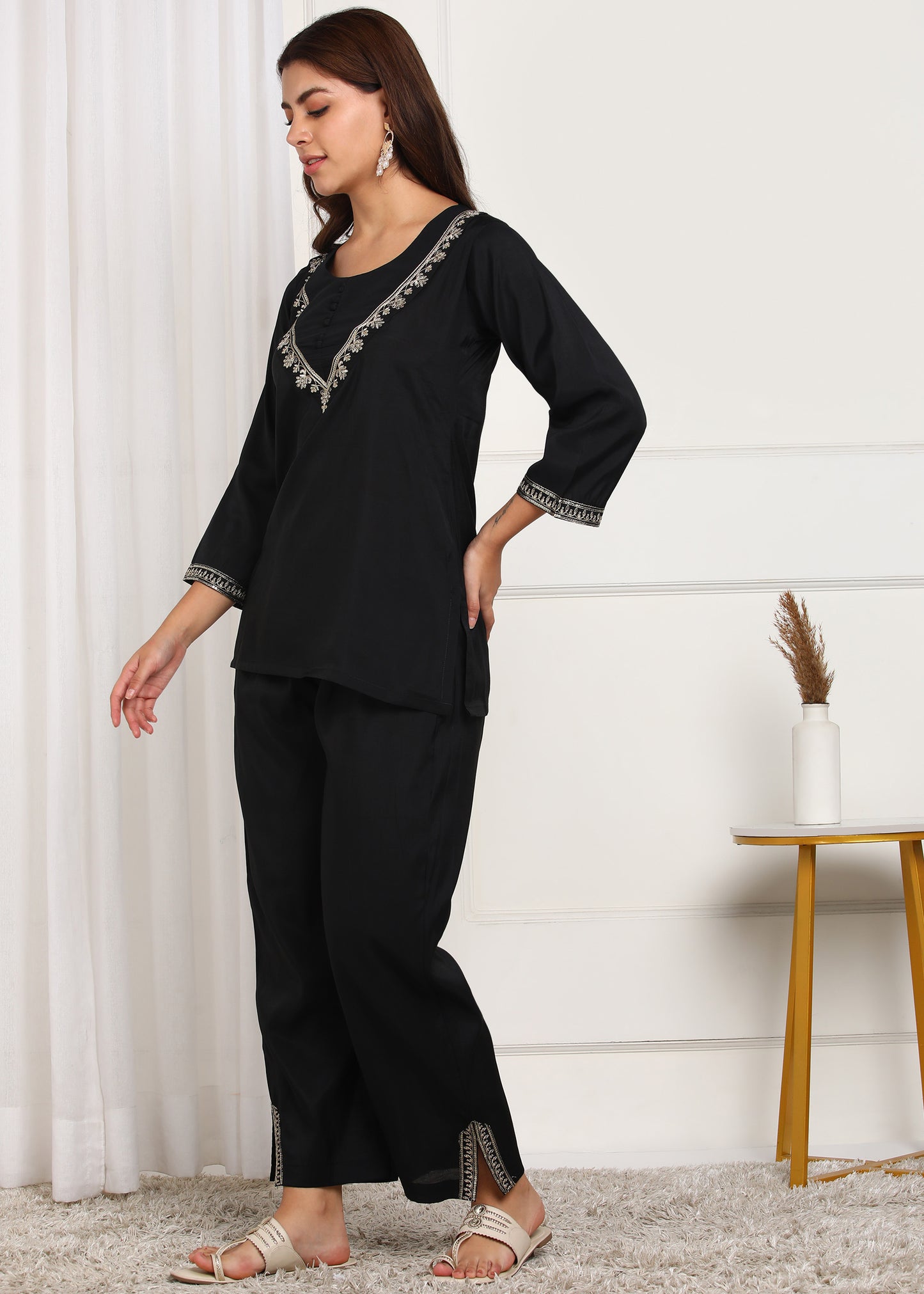 Elegant Black Embroidered Co-ord Set with Bell Sleeves