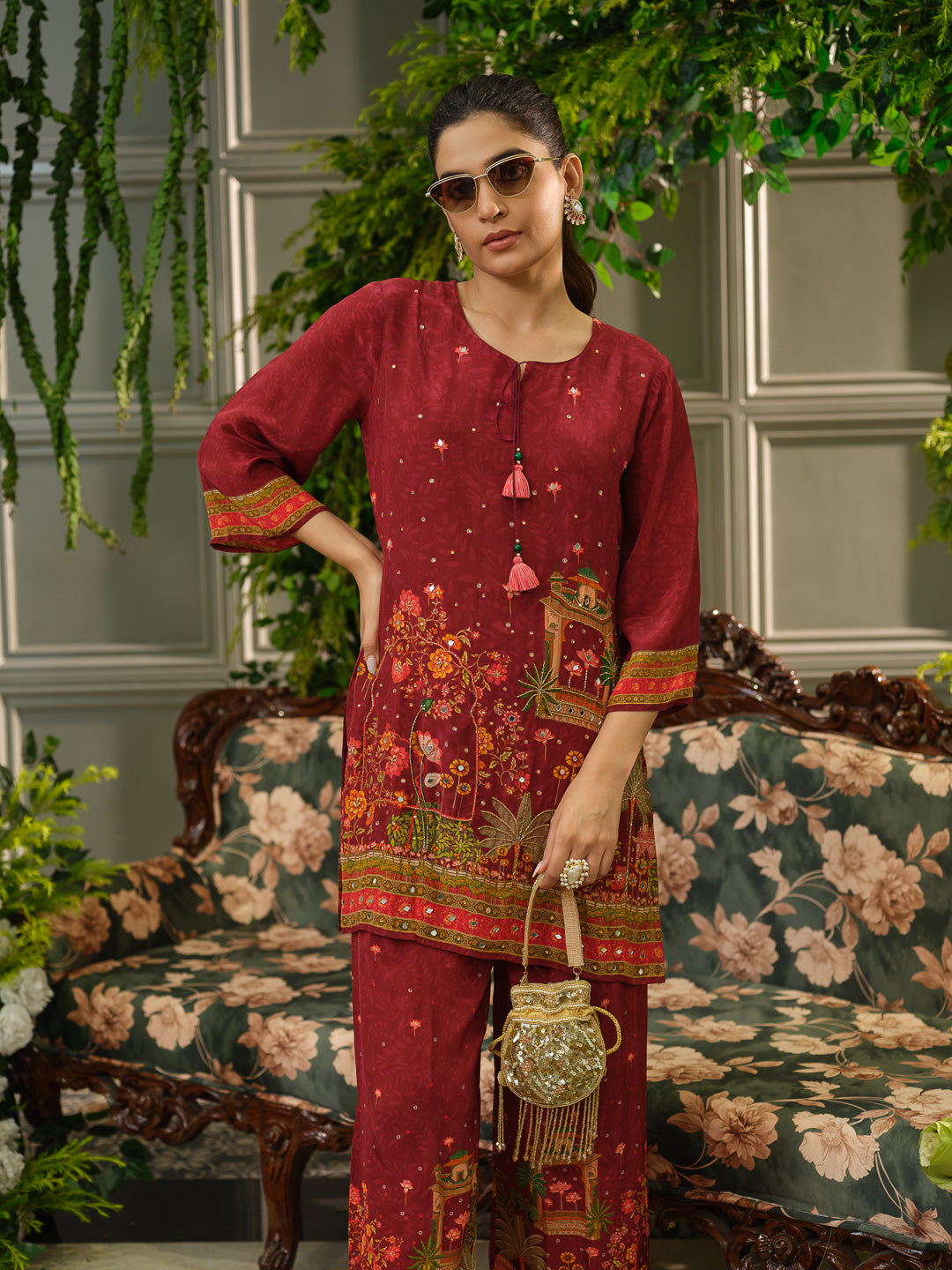 Maroon Digital Print Co-ord Set with Heavy Handwork