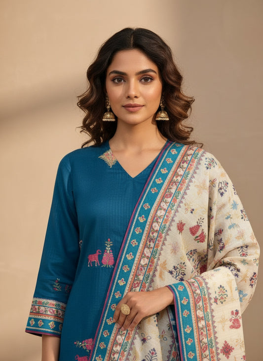 Striped V-Neck Kurta & Trousers With Dupatta