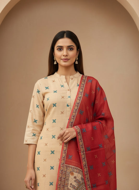 Printed Silk Blend Mandarin Collar Kurta & Trousers With Dupatta