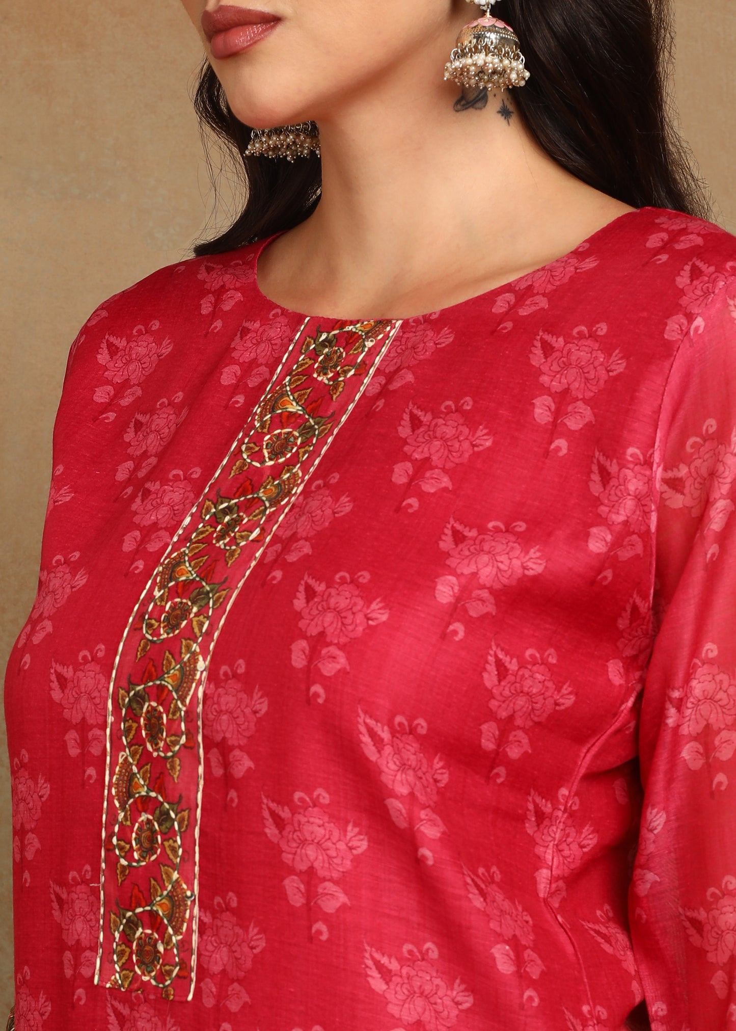 Women's Pink Ethnic Motif Printed Kurta with Kantha & Sequin Work, Paired with Trousers and Dupatta
