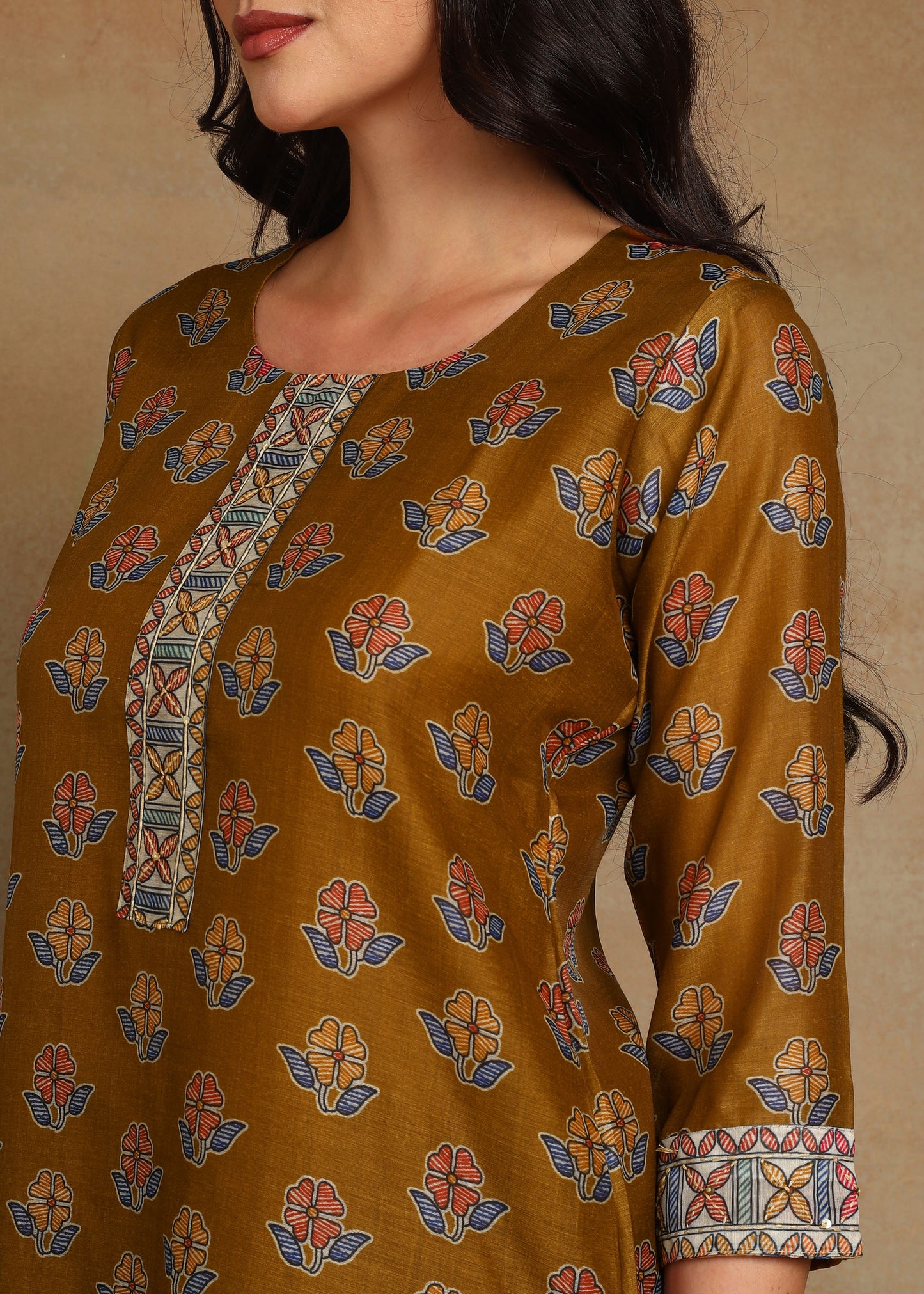 Women's Olive Green Ethnic Motif Printed Kurta with Kantha & Sequin Work, Paired with Trousers and Dupatta