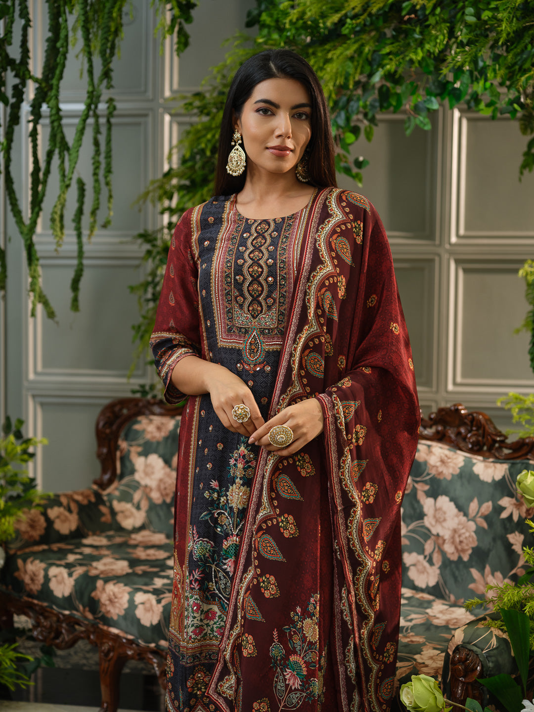 Maroon & Black Printed Kurta Set with Embroidered Yoke, Pants & Dupatta