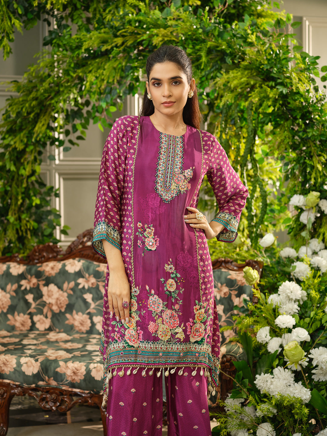 Wine Digital Print Co-ord Set with Handwork