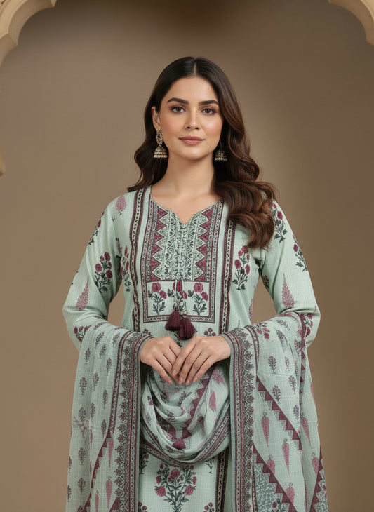 Printed Cotton Tie-Up Neck Straight Kurta & Trousers With Dupatta