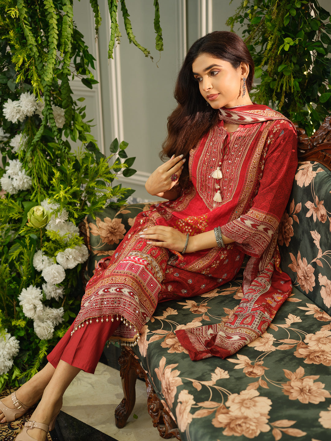 Red Digital Print Kurta Set with Heavy Handwork & Dupatta