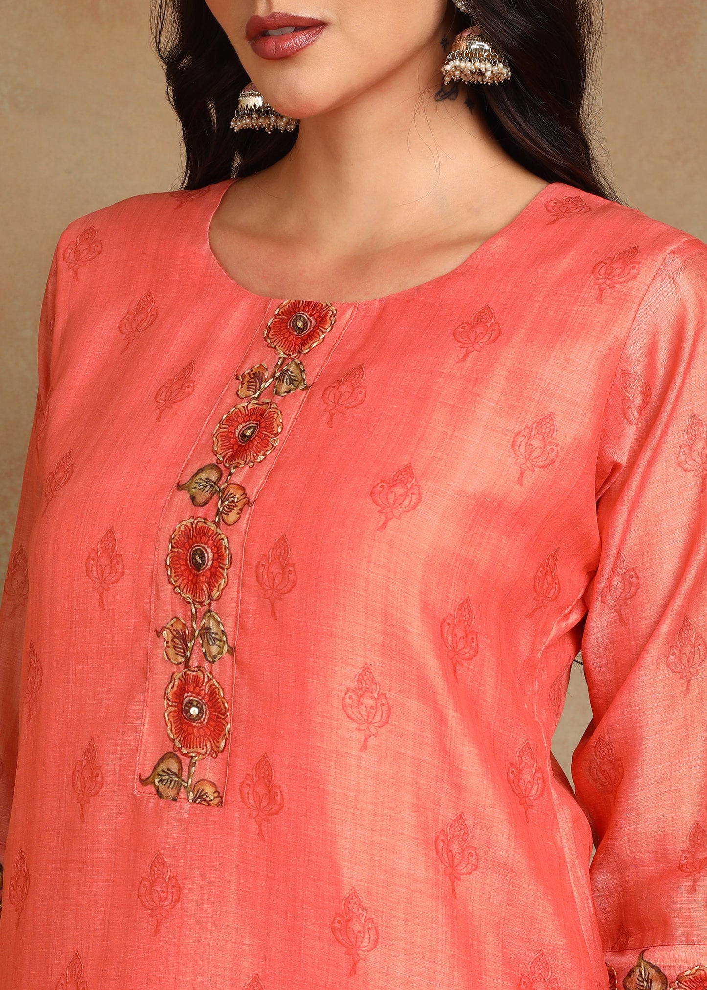 Women's Peach Ethnic Motif Printed Kurta with Kantha & Sequin Work, Paired with Trousers and Dupatta