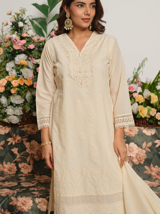 Embroidered Off-White V-Neck Kurta Set with Trousers & Dupatta