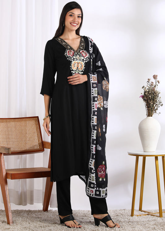 Women Black Rayon Embroidered Kurta Set with Printed Cotton Dupatta