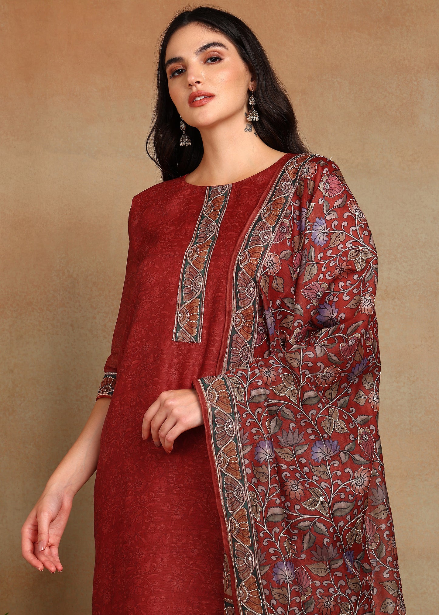 Women's Maroon  Ethnic Motif Printed Kurta with Kantha & Sequin Work, Paired with Trousers and Dupatta