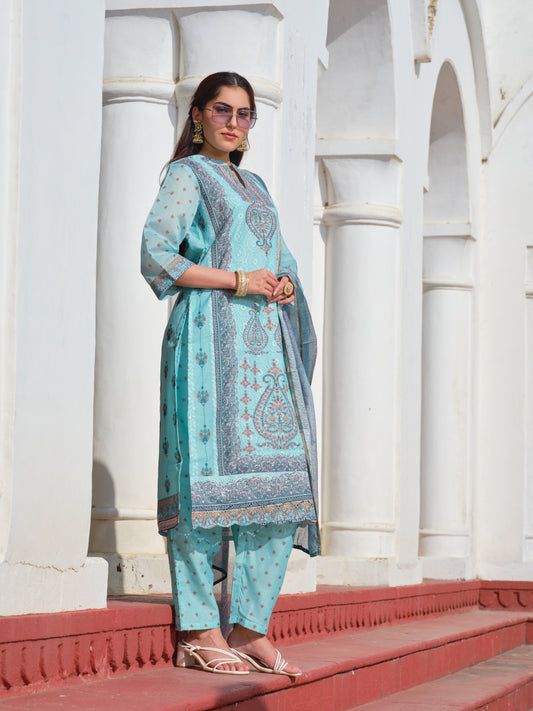 Printed Mandarin Collar Kurta & Trousers With Dupatta