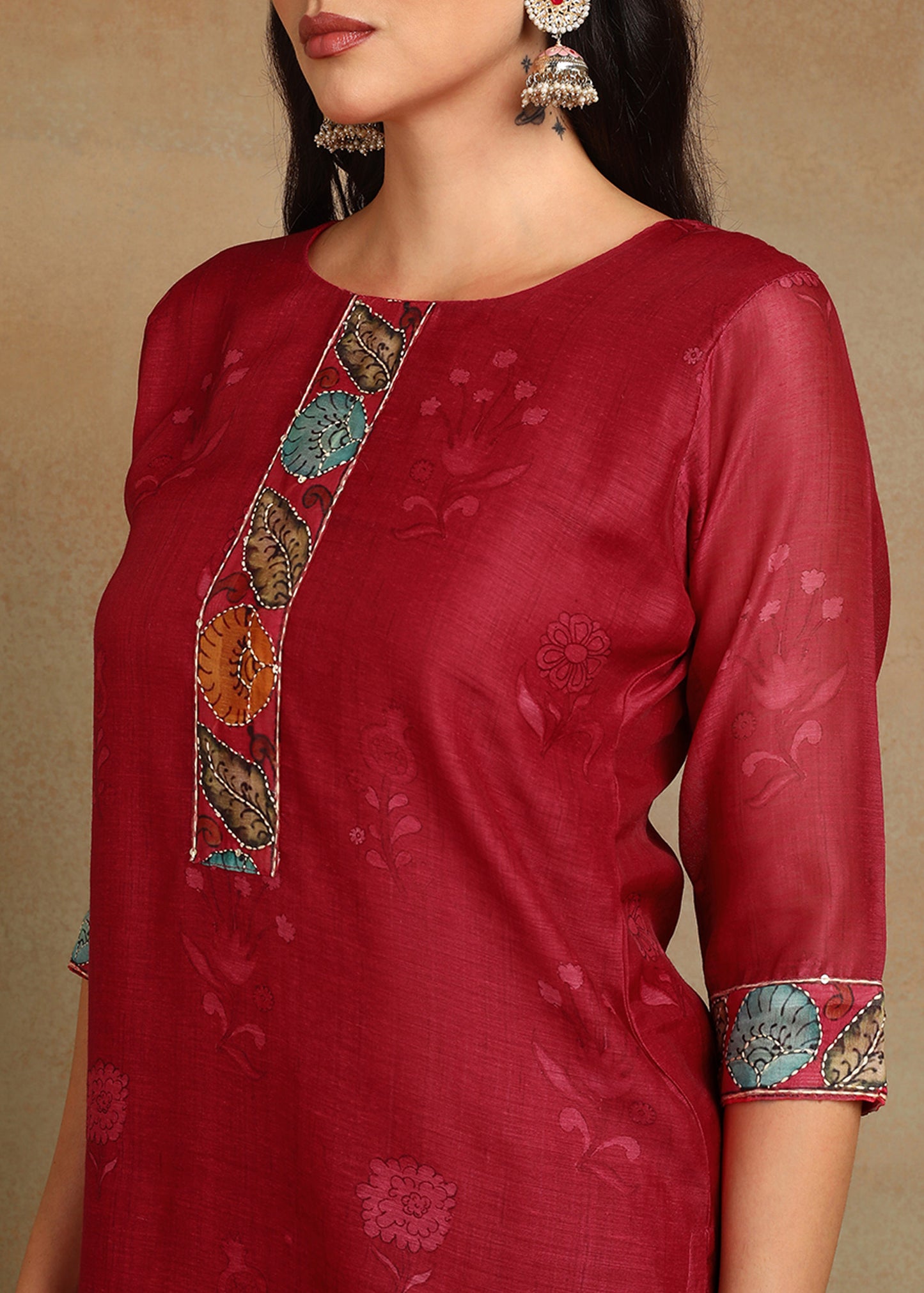 Women's Red Ethnic Motif Printed Kurta with Kantha & Sequin Work, Paired with Trousers and Dupatta