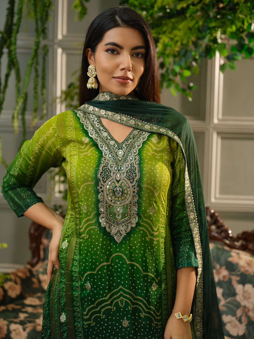 Bandhani Printed V-Neck Straight Kurta With Trouser & Dupatta