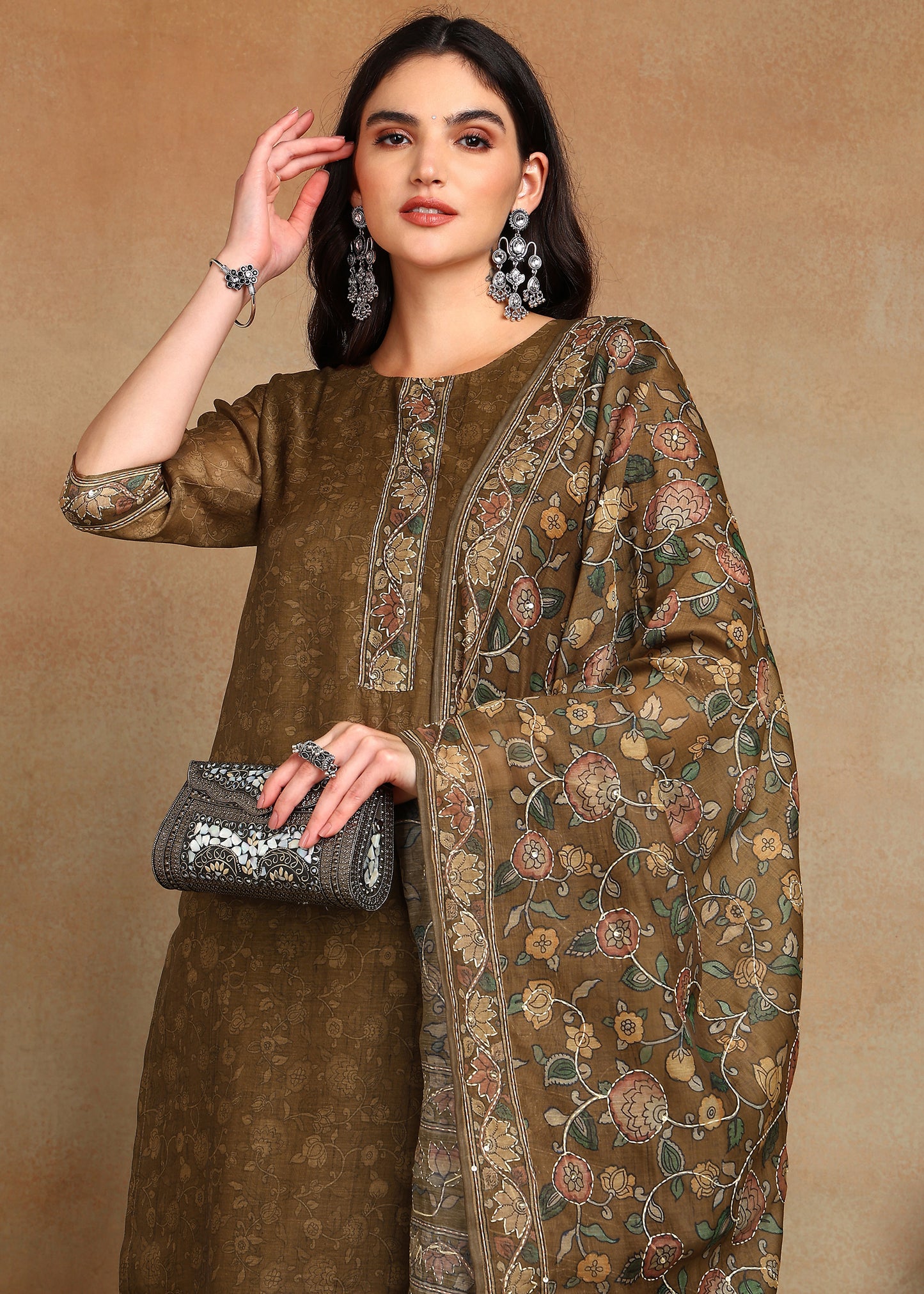 Women's Olive-Green Ethnic Motif Printed Kurta with Kantha & Sequin Work, Paired with Trousers and Dupatta