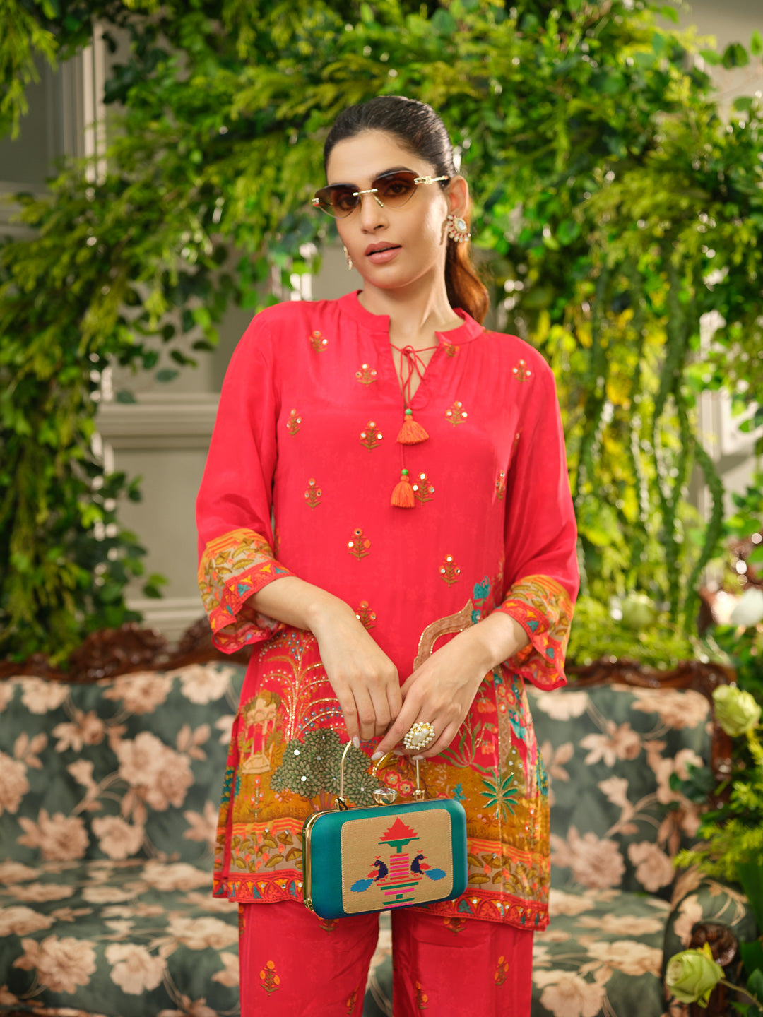 Red Digital Print Co-ord Set with Heavy Handwork