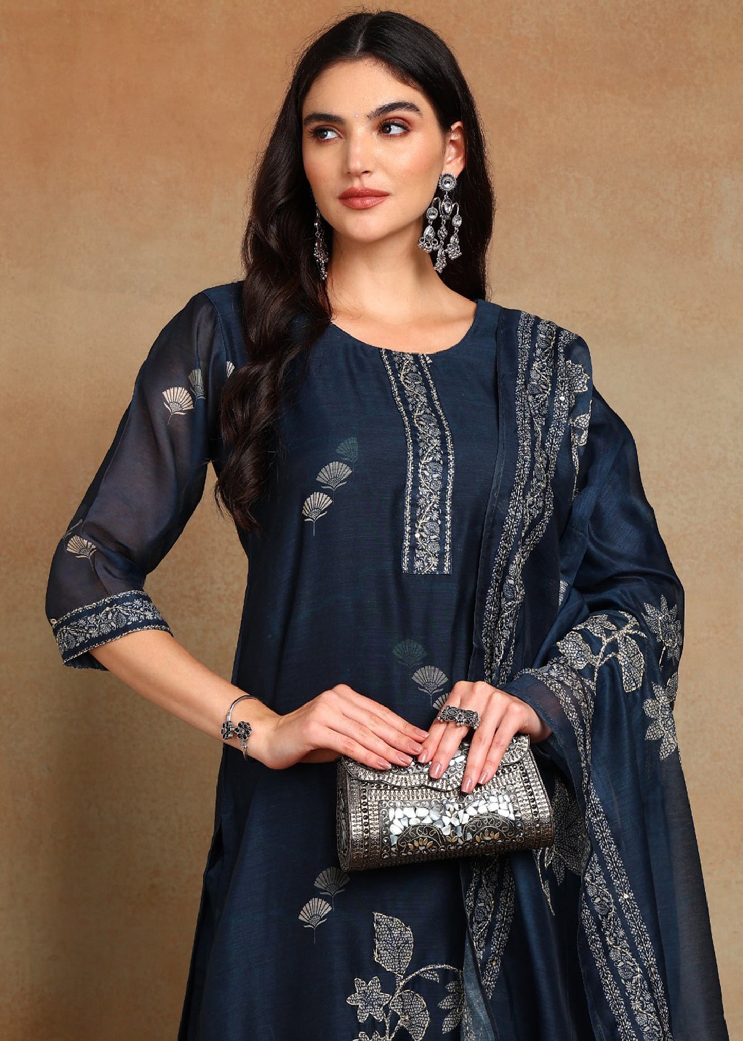 Women's Navy-Blue Ethnic Motif Printed Kurta with Kantha & Sequin Work, Paired with Trousers and Dupatta