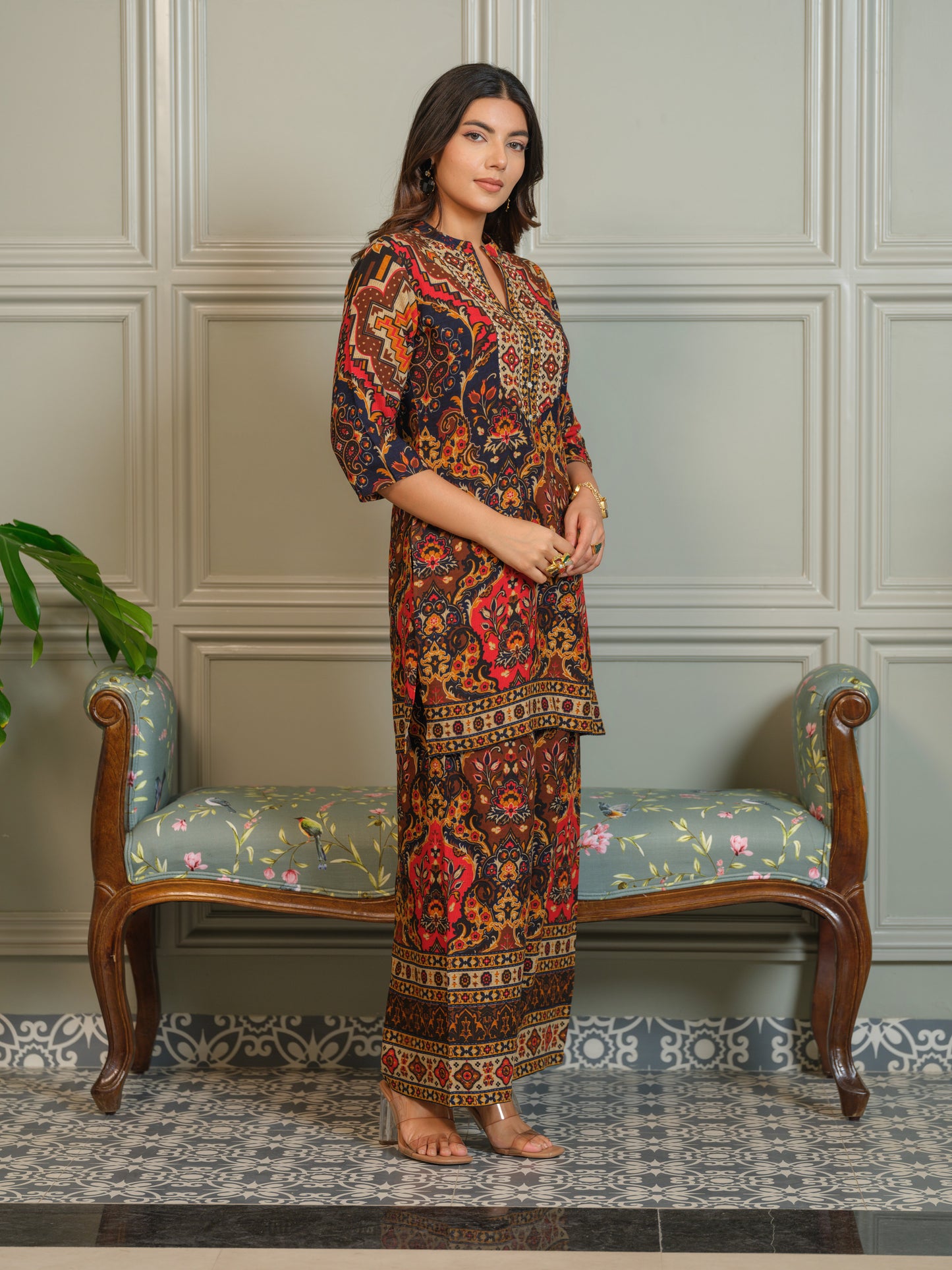 Ajrak Printed with embroidered Top with Palazzos Co-Ords