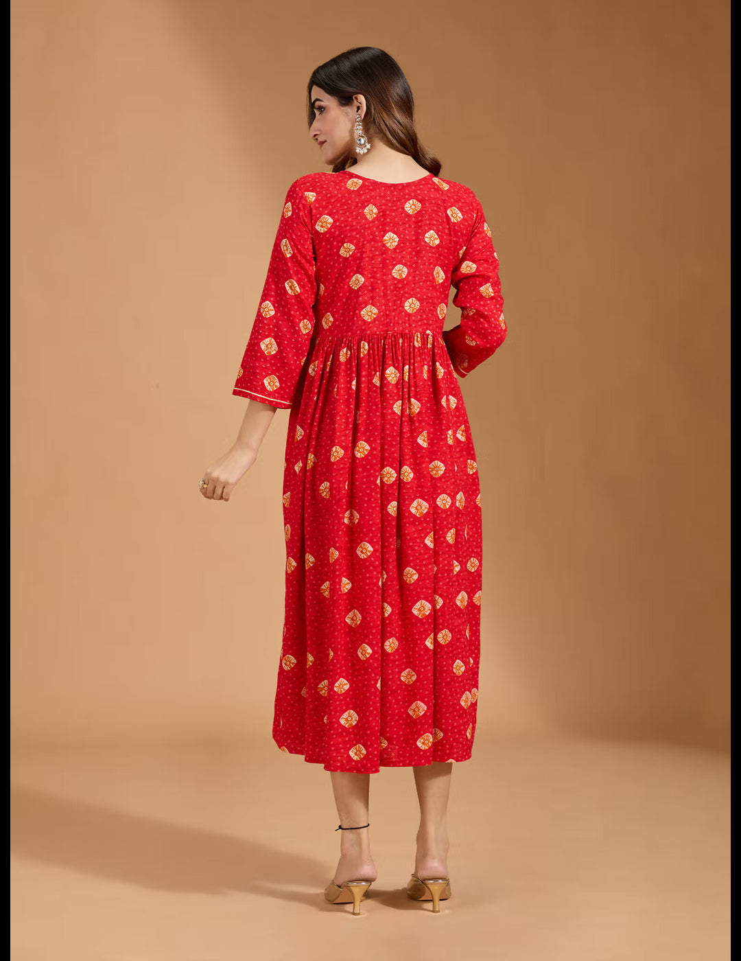 Rayon Yoke Embroidered & Sequinned with Bandhani Printed Red Anarkali Dress