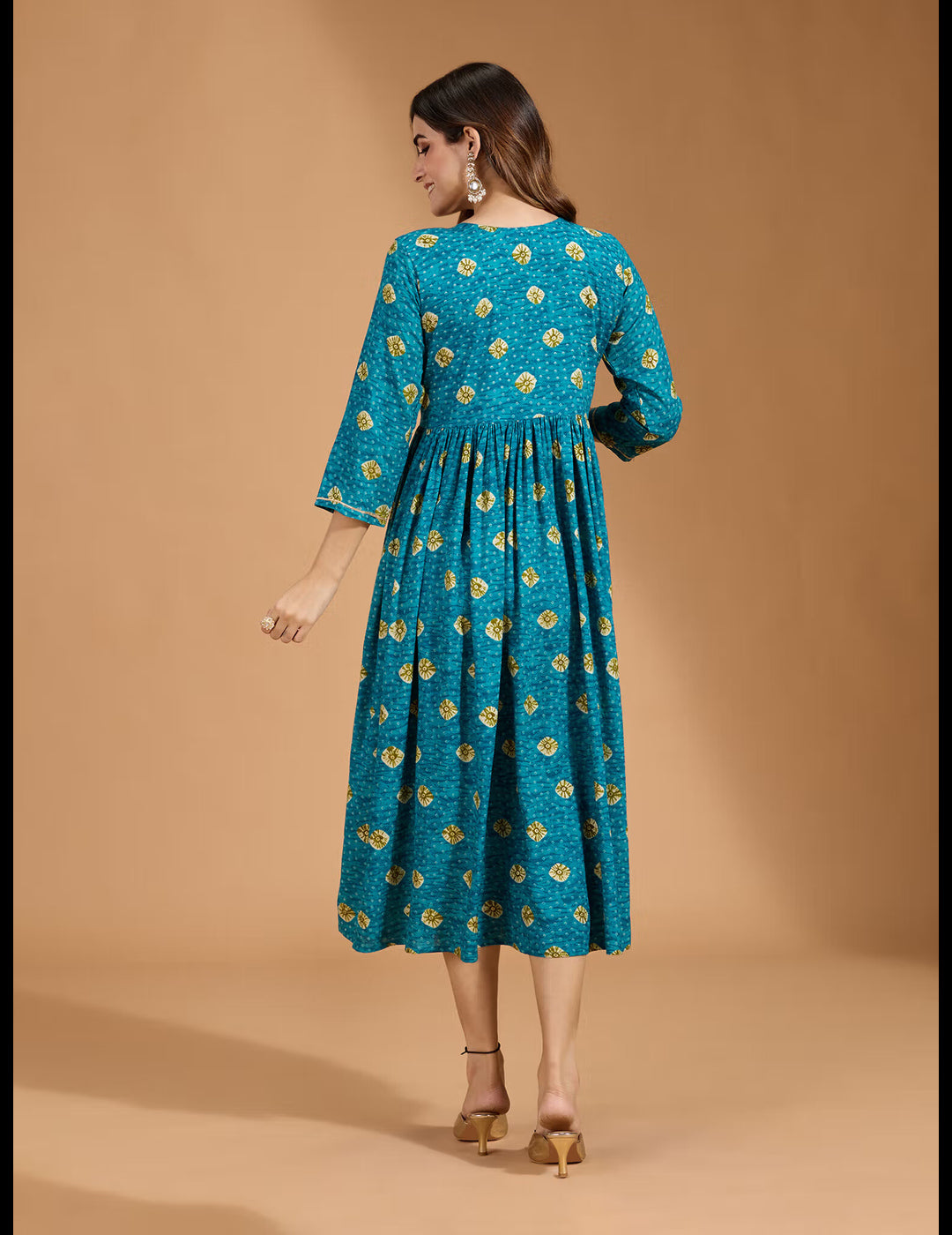 Rayon Yoke Embroidered & Sequinned with Bandhani Printed Teal Anarkali Dress
