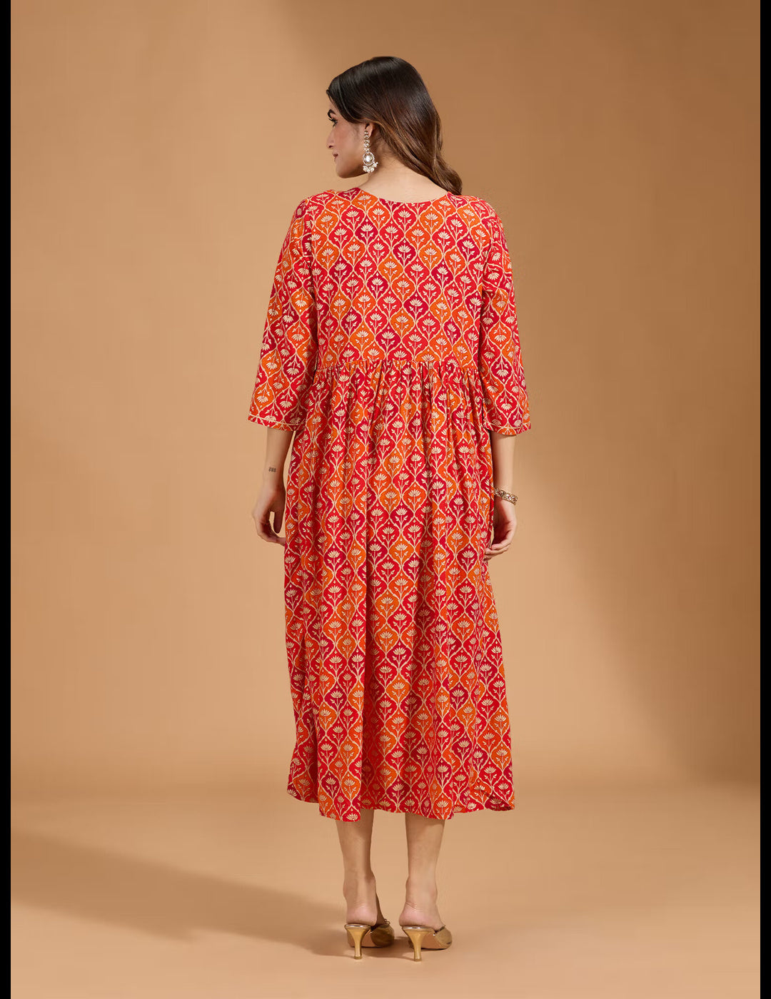 Rayon Yoke Embellished/ Sequinned with Floral Printed Red Anarkali Dress