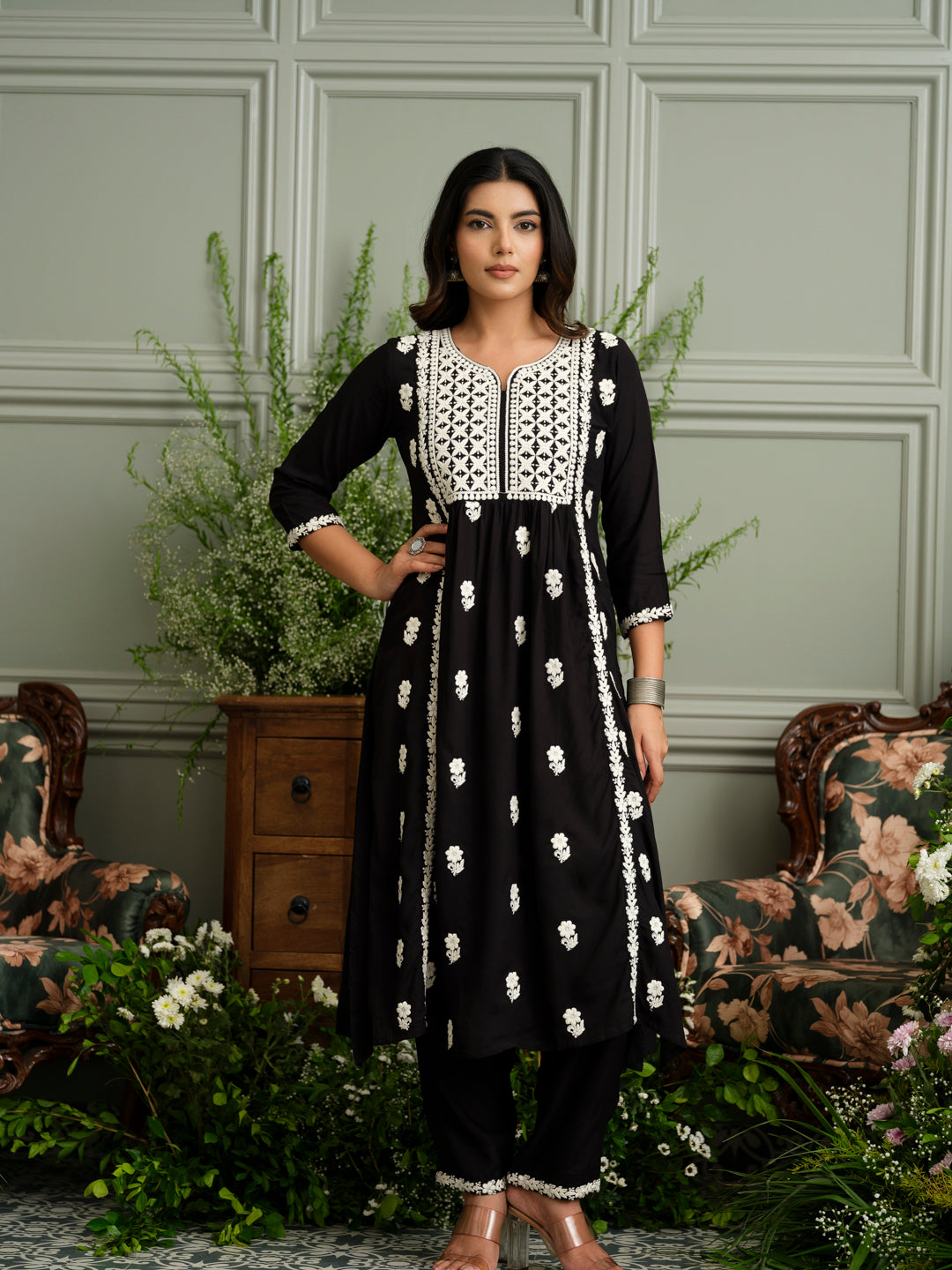 Women’s Black Hand Chikankari Embroidery A-Line Kurta with Pant