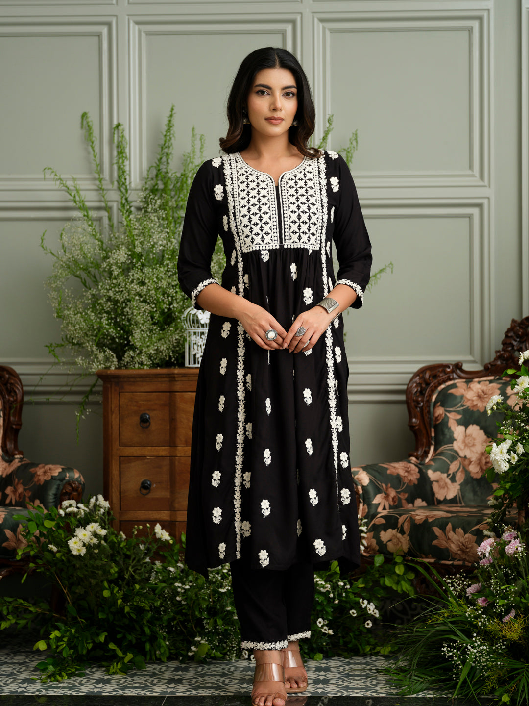 Women’s Black Hand Chikankari Embroidery A-Line Kurta with Pant